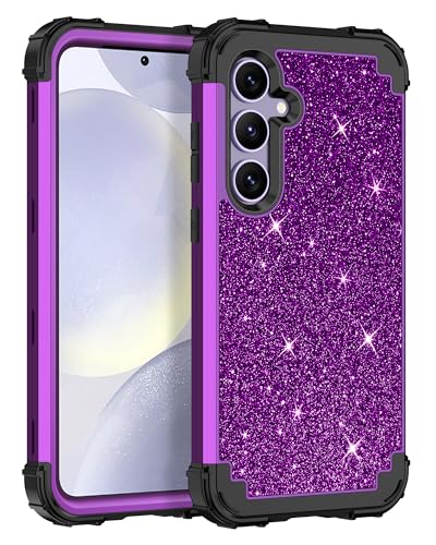 LONTECT for Galaxy S25 Plus 5G Case Shockproof Three-Layer Heavy Duty Hybrid Sturdy High Impact Protective Cover Girls Women Glitter Case for Samsung Galaxy S25 Plus 5G 2025,Shiny Violet