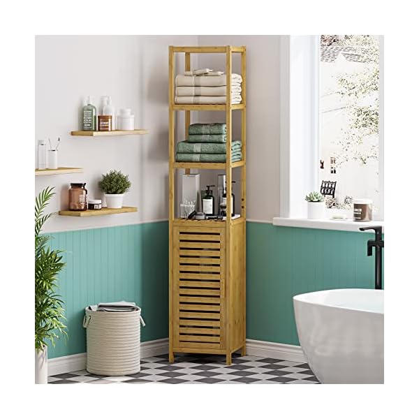 VIAGDO Hochschrank, Badezimmerschrank Bambus, Badschrank hoch mit 3 offene Fächern und Schrank, hoher Beistellschrank, Aufbewahrungsschrank, für Badezimmer, Flur, Küche, Wohnzimmer – Bild 5
