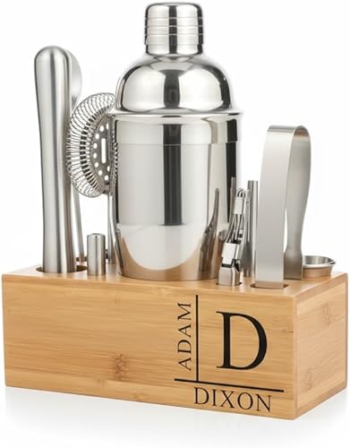 Juego de coctelera personalizada de 12 piezas con soporte de bambú, kit de barman de mixología, coctelera de Martini y herramientas profesionales de