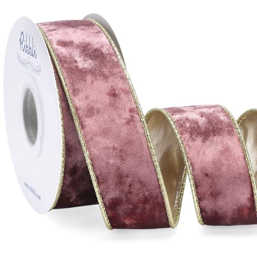 Image of Ribbli Rose Gold Velvet Wired Ribbon 1.5 Inch Metallic Rose Gold Crushed Velvet Christmas Ribbon for Gift Wrapping Christmas Tree Decoration Crafts Wreaths Supplies-Continuous 10 Yards