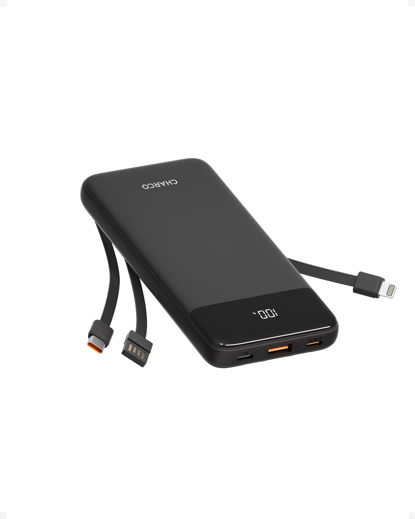 CHARCO Portable Charger Power Bank with Built in Cable 10000mAh | 20W Fast Charging 0.63‘’ Ultra Slim Compact Size Travel Essentials for iPhone 17/16/15 Series,Samsung,Tablets,Black