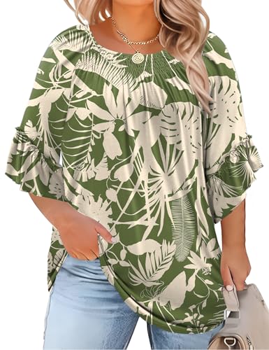 Image of Micoson Womens Plus Size Tops 3 /4 Ruffle Sleeve Crewneck Pleated Shirts