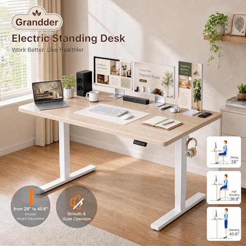 Image of Grandder 47x32 Large Electric Standing Desk, Height Adjustable Computer Desk with 2 Memory Presets, 31.5 inch Deep Desktop Sit Stand Desk Home Office Desk Workstation Table with Hooks, Light Walnut