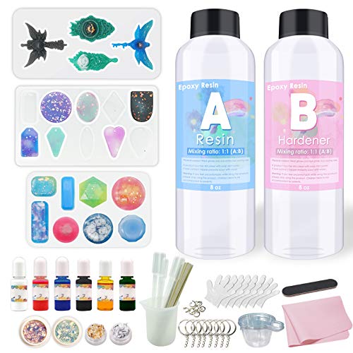 Epoxy Resin Clear Crystal Coating Kit 16OZ - 2 Part Casting Resin for Jewelry DIY Art Crafts with Epoxy Silicone Mold, Gloves, Measuring Cup, Wooden Sticks etc.