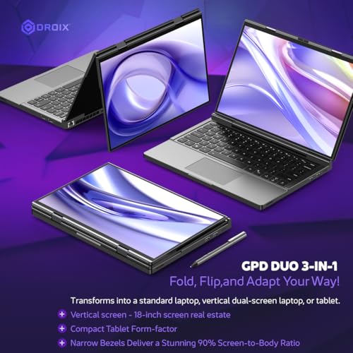 Image of GPD Duo Dual-Screen Laptop: 13.3 inch OLED Displays, AMD Ryzen AI 9 HX 370, 32GB RAM, 2TB SSD, Stylus Support, 10-Point Touch, 4096 Pressure Levels, Dual 360 Hinge, AI PC