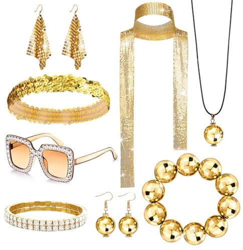 GIFIKOI 10 Pcs 70s Disco Accessories for Women Sequin Scarf Headband Shiny Tennis Bracelet Ball Necklace Earring Sun Glasses Disco Costume Set Golden