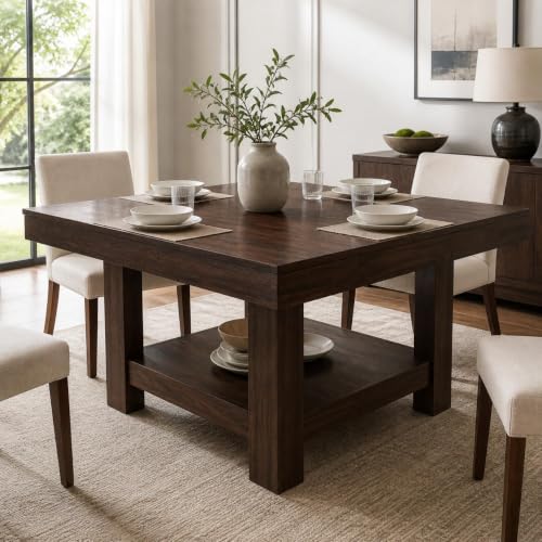 Image of Garvee Square Dining Table for 4-6, 47.2 inch Kitchen Table with 2-Tier Storage Shelf, Modern Black Walnut Waterproof Dining Room Table, Heavy Duty 350Lbs Capacity with Anti-Wobble Triangle Legs