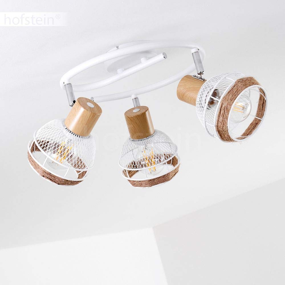 Lámpara de techo Bariloche, lámpara de techo redonda de metal/madera/cuerda de cáñamo en blanco/cromo/naturaleza, 3 llamas, pantallas orientables y giratorias, E27, óptica de celosía, sin bombilla(s)