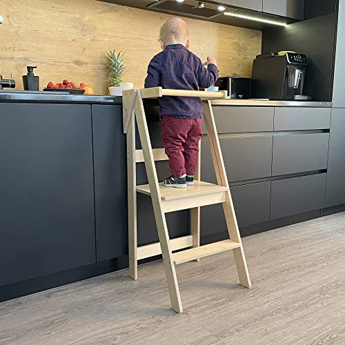 Foldable And Space Saving Helper Tower For Toddlers, Kids, Handmade In Latvia - Europe (Natural Lacquered) #TOP4