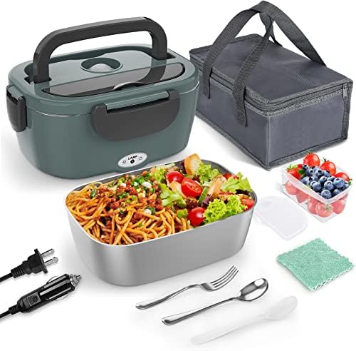 Monteka Electric Lunch Box Food Heater - Leakproof Portable Food Warmer heated lunch box for adults for Car/Home/Truck with 1.5L Removable Stainless Steel Container, 60W, 12V/24V/110V, Green