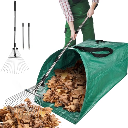 60Gallon Leaf Collector and Adjustable Metal Rake Set,Detachable 18 Tines