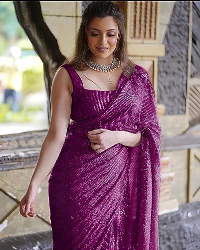 Image of Women's Bollywood Heavy Sequins Embroidery Work Georgette Saree with Unstitched Blouse