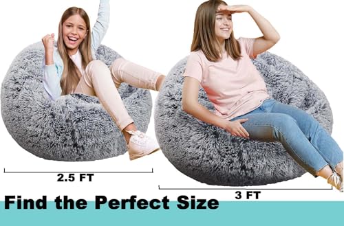 Image of Fluffy Bean Bag Chair, 3FT Round Memory Foam Filled Bean Bag for Teens & Kids, Ultra Soft Faux Fur Fabric Bean Bag Chairs for Playroom, Living Room, Bedroom, Gray