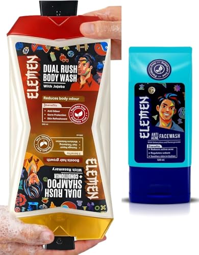 Image of Elemen Dual Rush Bodywash + Shampoo (500ml) & Oil & Acne Control Face Wash (120ml) - Heavy-Duty Cleansing & Acne Defense Grooming Kit