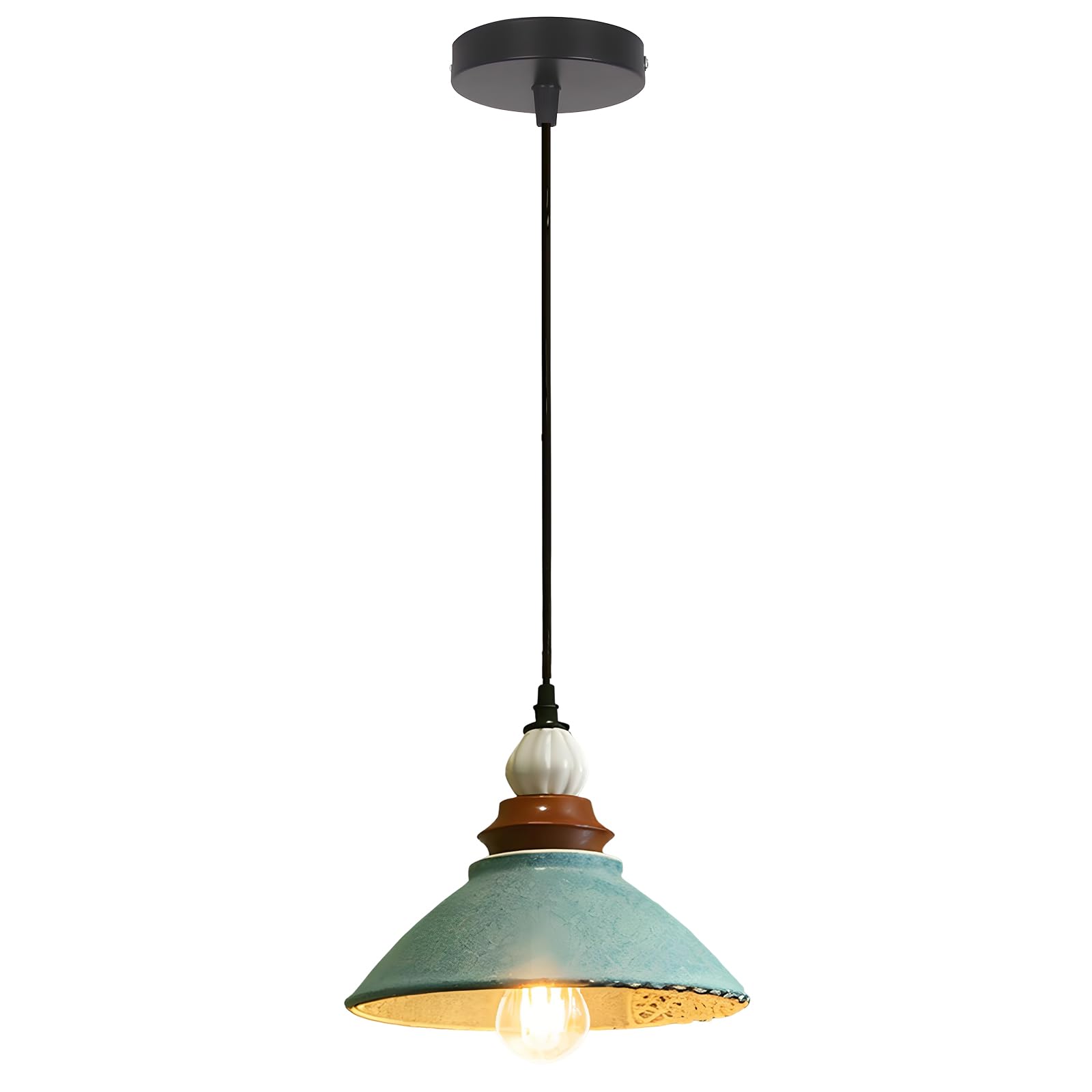 YNVIOZM Blue Ceramic Pendant Light, Solid Wood Finish Small Chandelier,Mid-Century Hanging Ceiling Lighting Fixture, for Bedroom Bedside Bar,Living Room Dining Room