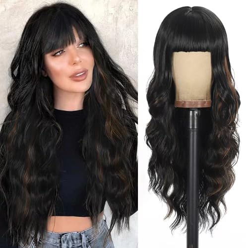 Wig with Bangs Long Wavy Wig for Women Synthetic Curly Wigs Hair Replacement Wigs for Girls Daily Party Use 26 Inches (2-30#)