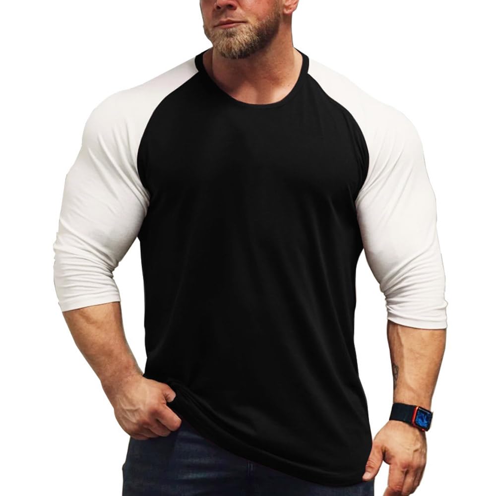 Mens Muscle Cut Raglan T Shirts with 3/4 Sleeve Fitness Workout Tops