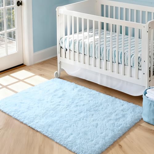 Merelax Soft Modern Indoor Shaggy Area Rug for Bedroom Livingroom Dorm Kids Room Home Decorative, Non-Slip Plush Fluffy Furry Fur Rugs Comfy Nursery Accent Floor Carpet 3x5 Feet, Baby Blue by Merelax - Used condition - Image 3