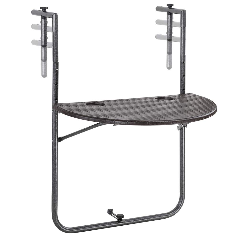 BAKAJI Tavolo da Ringhiera per Esterno Pieghevole Salvaspazio, Tavolino da Appoggio per Balcone con Altezza Regolabile, Struttura in Metallo Piano Polyrattan Chiusura Ribaltabile, 60 x 64 cm (Marrone)
