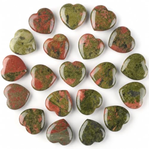Image of QINJIEJIE 20 PCS Unakite Heart Crystal Green Red Healing Crystals Natural Cute Stones Pocket Healing Palm Love Bulk Set Wholesale Reiki Energy Balancing Meditation Mother's Day Gift