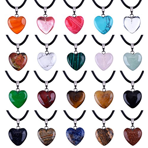 Outus 0.63 Inch Heart Stone Pendants Assorted Color Chakra Beads Crystal Charms with 18 Inch Black Braided Imitation Leather Cord Necklace Chain, 20 Pieces