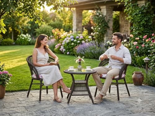 Image of India 3 Piece Outdoor Braid and Rope Patio Furniture Set Balcony Garden Lawn Deck Poolside Cafe Seating (Brown with Floral Cushion)