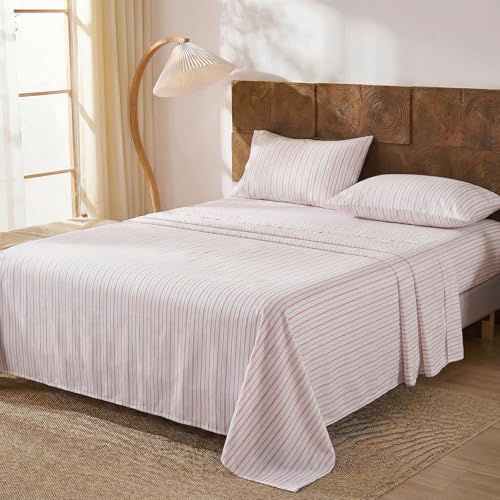 Image of Merryword Classic Striped Sheet Set King Size, 100% Cotton Bedding Sheet 4 Pieces, Soft Breathable Percale Weave, Deep Pocket Sheet 17.5 inch, Luxury Linen Like, Farmhouse Style