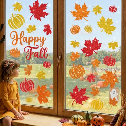 Image of 6 Sheets Fall Window Clings Decor, Glitter Maple Leaf Pumpkin Window Decals | Thanksgiving Window Stickers with Sparkling Powder, Happy Fall Decorations for Home Office School Classroom Indoor Party