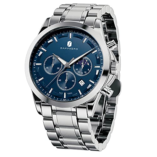 Reloj para Hombre Benyar Reloj cronógrafo analógico de Cuarzo Resistente al Agua Negra Moda Relojes de Pulsera Calendario con Correa de Cuero (Marrón/Azul) Regalo para Hombres Cover