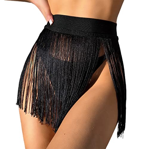 GORGLITTER Women's Fringe Sheer Rave Mini Skirt Beach Tassel High Waisted Swimsuit Coverup Skirts4