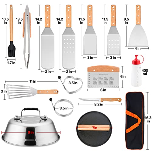Griddle Accessories Set Of 20, Hasteel Complete Stainless Steel Griddle Spatula Tools With 9” Melting Dome, Heavy Duty Metal Spatulas Choppers Cast Iron Grill Press For Flat Top Teppanyaki Bbq Outdoor #TOP1