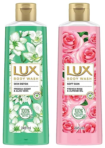 Image of Lux Shower Gel, Freesia Scent & Aloe Vera Bodywash, Skin Cleanser With Long Lasting Fragrance, Paraben Free, 245ml & Shower Gel, French Rose Fragrance & Almond Oil Bodywash, 245ml