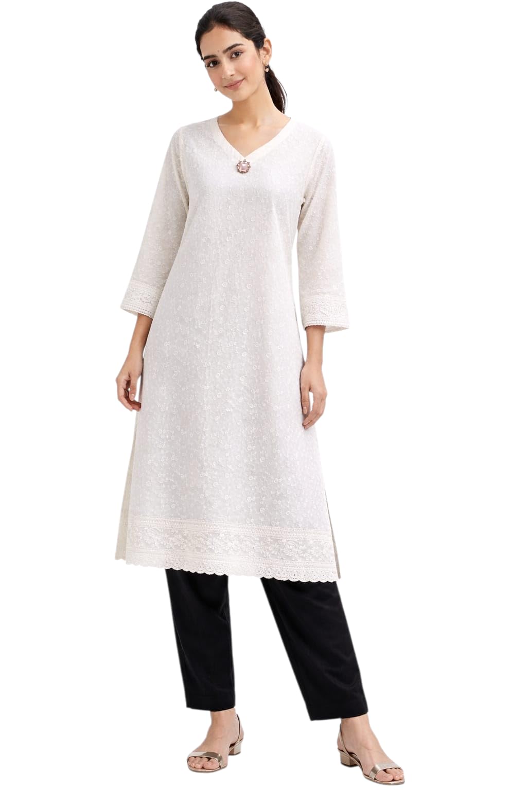 Chikankari Kurti with Sequin Embroidery, Decorative Button, V-Neck, 3/4 Sleeves, White-image-12