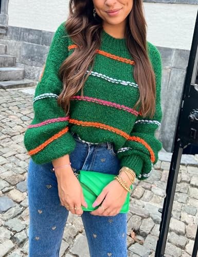 Image of QIBABU Womens Striped Sweaters Casual Lantern Sleeve Color Block Knit Pullover Sweater Tops