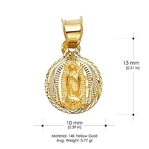 Ioka 14K Yellow Gold Diamond Cut Our Lady of Guadalupe Stamp Charm Pendant with 1.2mm Flat Open Wheat Chain Necklace3