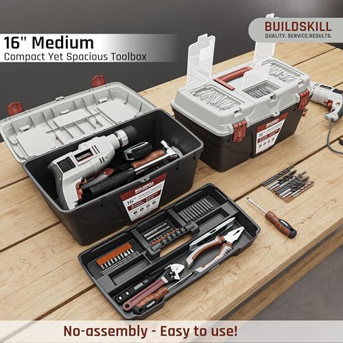 Image of BUILDSKILL 16 inch Medium Tool Box for Home | Convenient Top Lids & Removable Tool Tray | Secure Latch Lock | Key Hole | Heavy Duty Impact Resistant Body | Ideal Repair Toolbox for DIY & Professional Use
