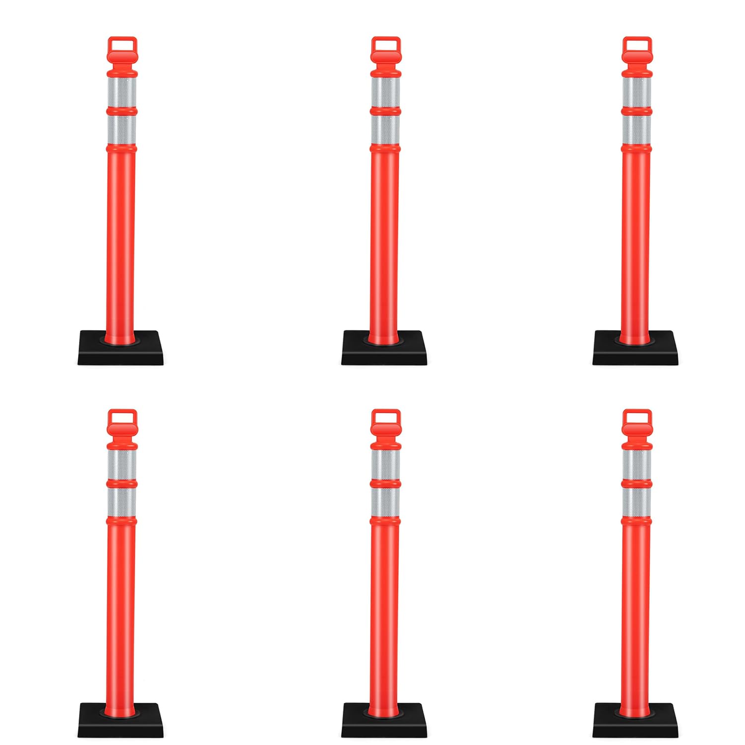 Goplus Delineator Post with Base, 6 Pack 45 Inch Traffic Delineator Posts with 9 LBS Weighted Rubber Base, 4 Inch Reflective Bands, Handles, Safety Cones for Parking Construction Driveway