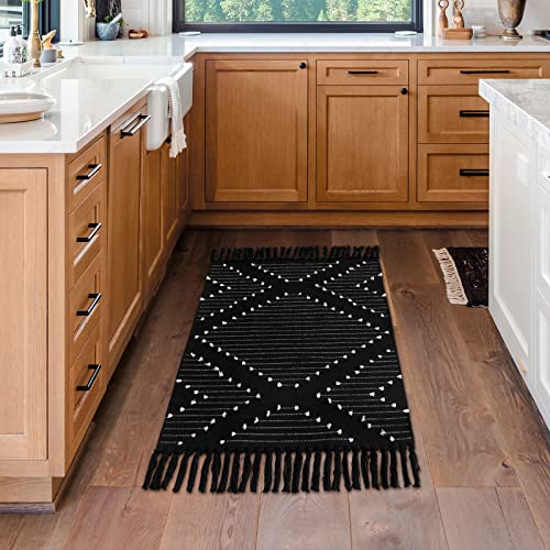 Mitovilla Boho Kitchen Rug 2'X3', Black White Small Bathroom Rug With Tassel, Farmhouse Geometric Bath Mat, Bohemian Runner Rug For Bedroom, Washable Cotton Woven Hallway Laundry Entryway Throw Rug #TOP1