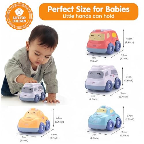 Image of Kidology Push & Go Baby Car Toy Set, Friction Powered Pull Back Cars for Toddlers, 4-Pack with 3D Lights & Sounds, Fun Cartoon Trucks for Boys & Girls, Baby Toys 1+ Year Old