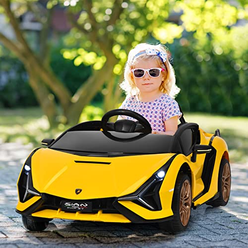 Olakids Kids 12V Licensed Lamborghini Sian Ride On Car, Electric Vehicle For Toddler With Control Remote, Battery Powered Toy With Music, 2 Speeds, Suspension, Led Lights, Bluetooth (Yellow) #TOP1