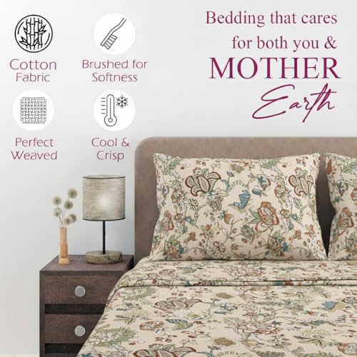 Image of Trance Home Linen 144TC 100% Cotton 84 inchx78 inch Elastic Fitted Bedsheet Super King Bed Size | Printed Fitted Sheet | Elasticated Fitted Bedspread with 2 Pillow Covers (84x78 inch, Malhaar Beige)