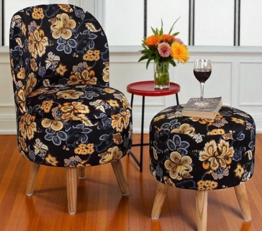 Image of Ottoman for Living Room, Velvet Round Foot Rest Stool, Wooden Legs Chair for Sitting, Ottoman for Bedroom & Makeup Room Decor | Chair (18 inchx18 inchx32 inch), Puffy (16 inchx16 inchx17 inch) | (Black Lily)