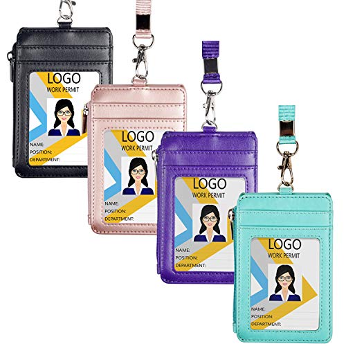 Teskyer 4 Pack Badge Holders, Leather Credit Card ID Holder, 4 Card Slots, 1 Zipper Pocket and 19 inch Neck Lanyard, Mix-2