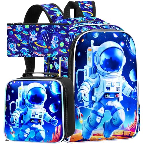 gxtvo Mochila de astronauta com 3 peças, para meninos, 40,6 cm, espaço infantil, com lancheira, resistente à água, pré-escolar infantil – Astronauta com polegar para cima
