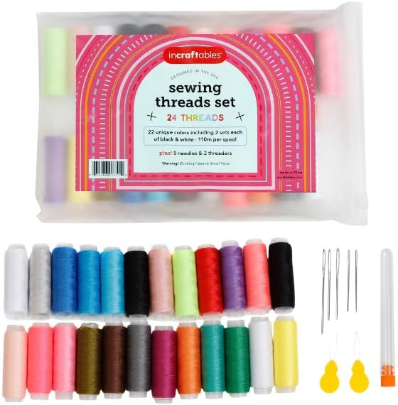 Incraftables Surtido de hilos de coser (juego de 24 piezas) El mejor hilo de poliéster para máquina de coser (360 pies por carrete). Kit multiusos