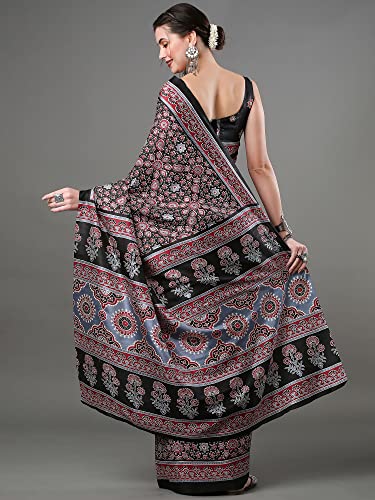 Image of AKHILAM Women's Ajrak Block Print Soft Dola Silk Saree With Unstitched Blouse Piece