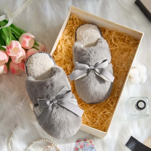 Image of GOEWY Cute Women's Memory Foam House Slippers - Fuzzy Plush Faux Fur Slippers with Bow Butterfly Tie - Anti-Skid Indoor /Outdoor Gifts for Women, Moms & Ladies