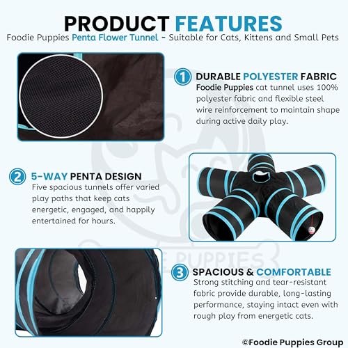 Image of Foodie Puppies Interactive Foldable Hiding 5-Way Straight Tunnel with Hanging Ball for Cats (Penta Flower Tunnel) | Puzzle & Training Cave Suitable for Cat, Kitten, Rabbit, Guinea Pig & Puppies