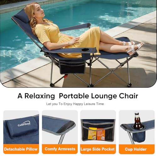 Colorsoul Silla de Camping Reclinable con Reposapiés, Silla Ajustable 90°-135° para Playa, Plegable y Resistente para Adultos, Azul miniatura 5