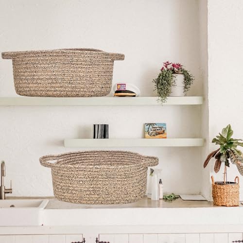 Image of ABenkle Small Basket with Handles, Boho Decorative Rope Woven Dog Cat Toy Storage Bin Shelf Storage Organizer, Easter Christmas Gift Basket, 12 inchx8 inchx5 inch